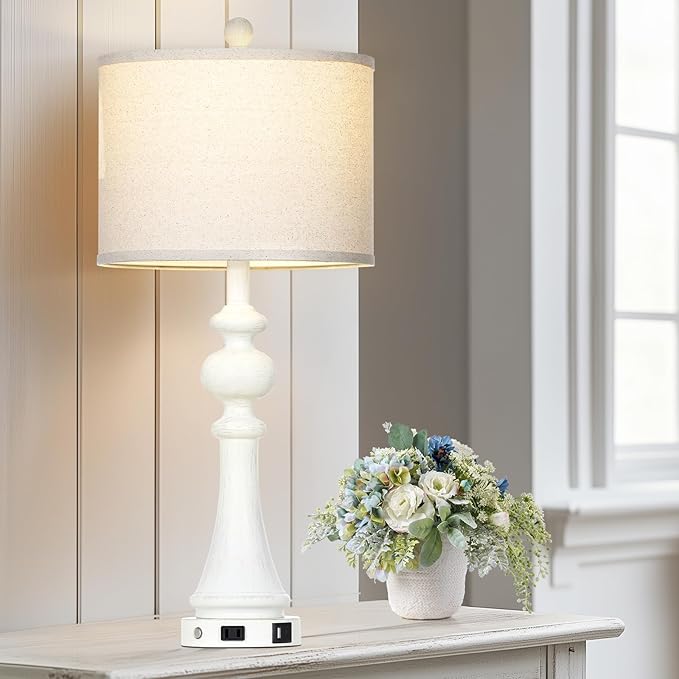 28" Farmhouse Table Lamp with USB A+C Fast Ports & AC Outlets, Vintage Rustic 3-Way Dimmable Touch Control Table Lamp, Rustic Traditional Bedside Nightstand Lamp for Living Room Bedroom White