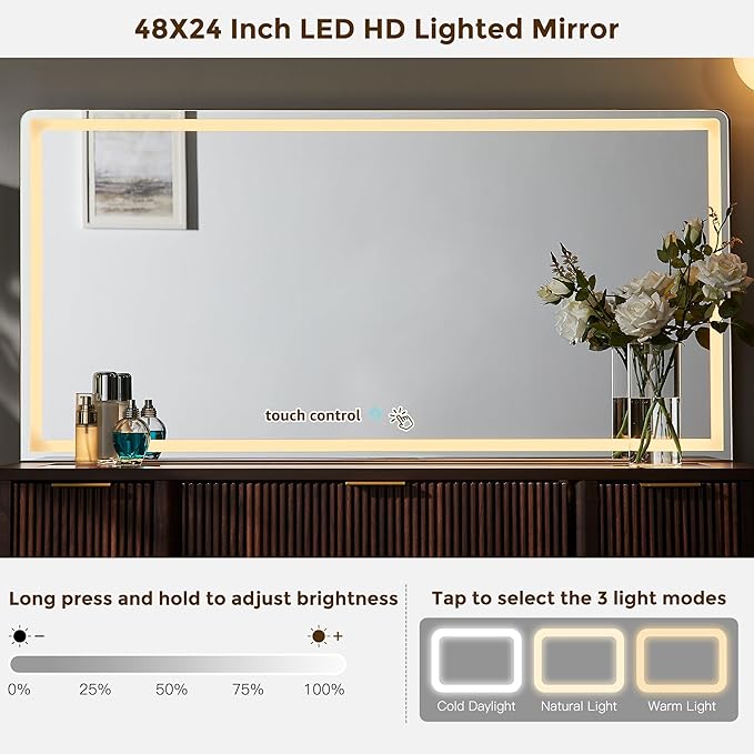 T4TREAM 48" Fluted Makeup Vanity Desk with 48" Large Mirror and HD Lights, Modern Vanity Table with 9 Drawers & Charging Station, Glass Top and Golden Handles Dressing Table for Bedroom,Dark Walnut