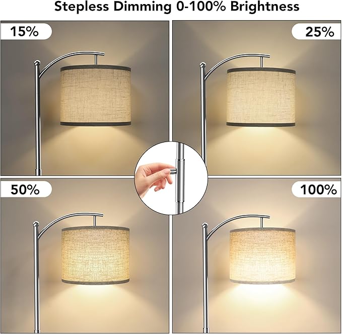 ROTTOGOON Dimmable Floor Lamp, Arc Floor Lamps for Living Room, Stepless Dimming Modern Standing Lamp with Linen Shade, Tall Lamp for Bedroom Office Dining Room- Silver