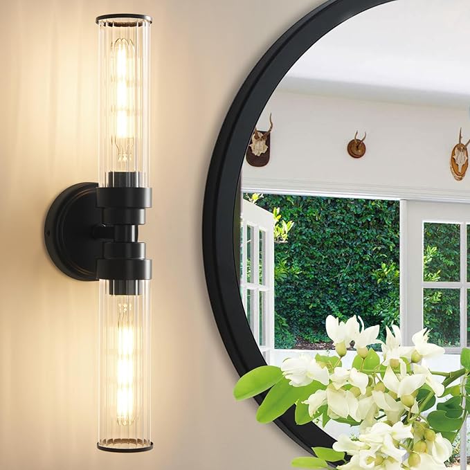 Bathroom Light Fixtures, Black Wall Sconce in Threaded Glass Indoor Vanity Lights, Modern Bathroom Vanity Light Up and Down Sconces Wall Lighting for Bathroom, Living Room - Bulb Not Included