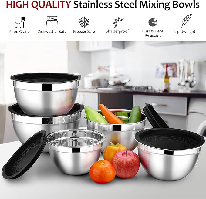 E-far Mixing Bowls with Lids Set of 5, Stainless Steel Black Mixing Bowls Metal Nesting Bowls with Airtight Lids for Cooking, Baking, Serving, Storage - Size 0.7/1/1.5/3/4.6QT - Dishwasher Safe