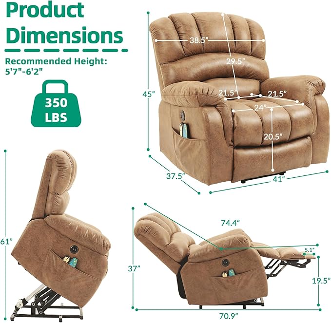 VIVIJASON Tall Man Large Power Lift Recliner Chair with Extended Footrest for Elderly, Overstuffed Wide Electric Lift Chair with Heat & Massage, 2 Remote Controls, Side Pockets & USB Ports, Sand