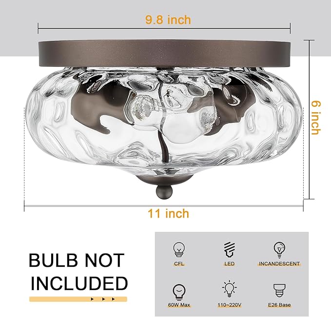 Darkaway Ceiling Light Fixtures Flush Mount Indoor Outdoor Ceiling Light with Water Ripple Glass Shade for Hallway Kitchen Bedroom Porch Living Room Bronze Finish