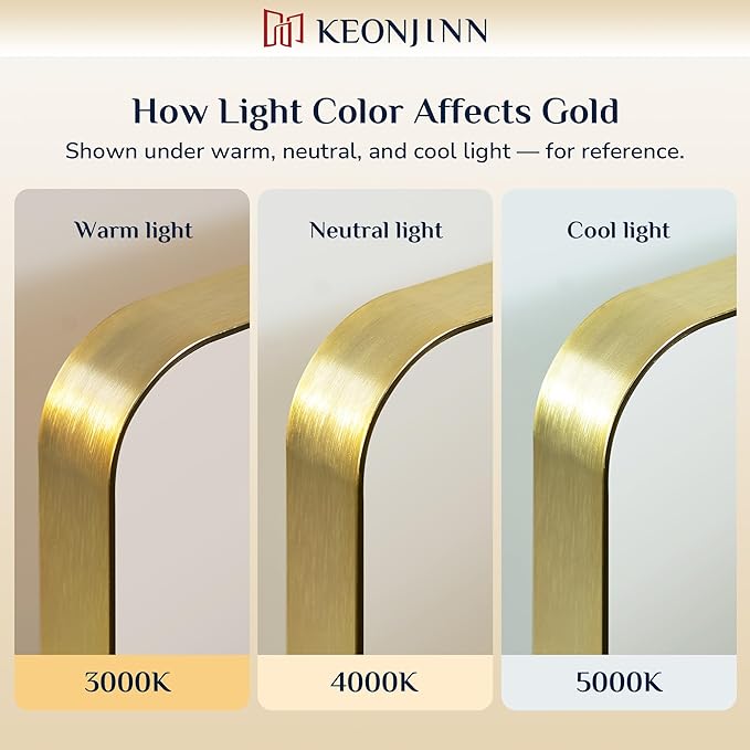 Keonjinn Gold Bathroom Mirrors for Over Sink 24 x 36 Inch Brushed Brass Metal Framed Mirror, Rounded Rectangle Bathroom Vanity Mirror, HD Tempered Glass Modern Mirror for Wall(Horizontal/Vertical)