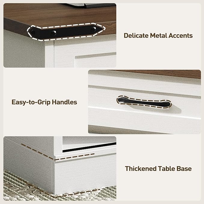 47" Farmhouse Coffee Table with Storage and 2 Drawers, Large Rustic Center Table with Sliding Barn Doors & Open Compartments, Wooden Coffee Table for Living Room, White and Walnut