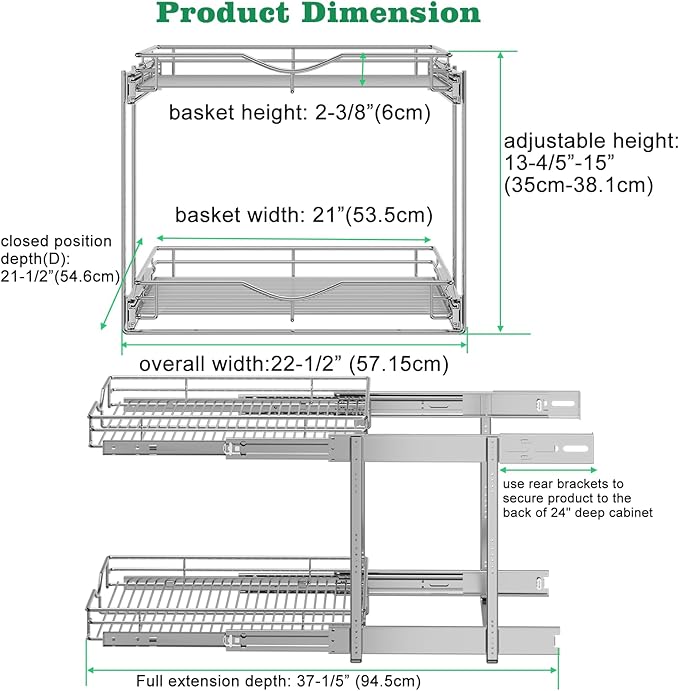 DINDON Pull Out Cabinet Organizer (22-1/2" W x 21-1/2"D), Cabinet Pull Out Shelves, 2 Tier Pull Out Drawers for Kitchen Cabinets, Wire Basket Slide Out Shelf, Pot and Pan Organizer