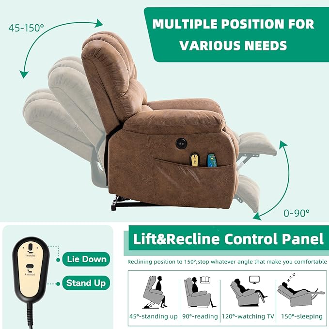 VIVIJASON Large Power Lift Chair Electric Recliner with Heat & Massage for Elderly Big People, Heavy Duty and Safety Motion Wide Recliners with 2 Remote Controls, Side Pockets & USB Ports, Brown