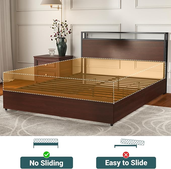 Full Size Bed Frame with 4 Storage Drawers, Full Platform Bed Frames with 2 Tier Storage Headboard, Charging Station, Adjustable LED Light, Noise-Free, No Box Spring Required, Reddish Brown