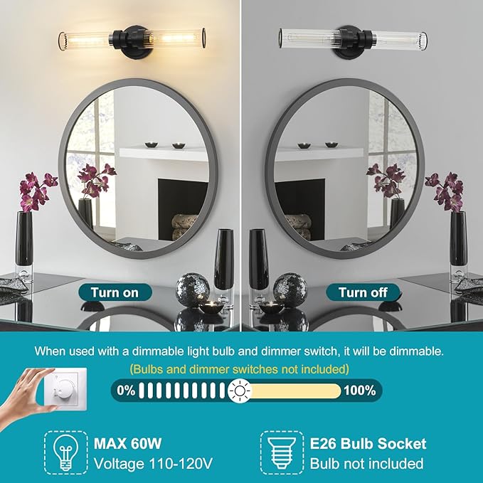 Bathroom Light Fixtures, Black Wall Sconce in Threaded Glass Indoor Vanity Lights, Modern Bathroom Vanity Light Up and Down Sconces Wall Lighting for Bathroom, Living Room - Bulb Not Included