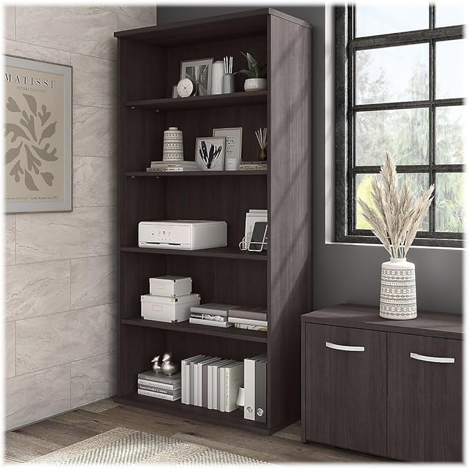 Bush Business Furniture Hybrid Tall 5 Shelf Bookcase in Storm Gray