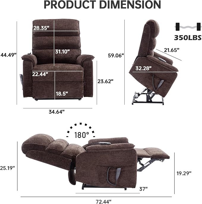 Lay Flat Lift Chair with Heat and Massage, Dual Motor Recliner, Infinite Position, Up to 350 LBS, Dark Brown, Chenille Fabric