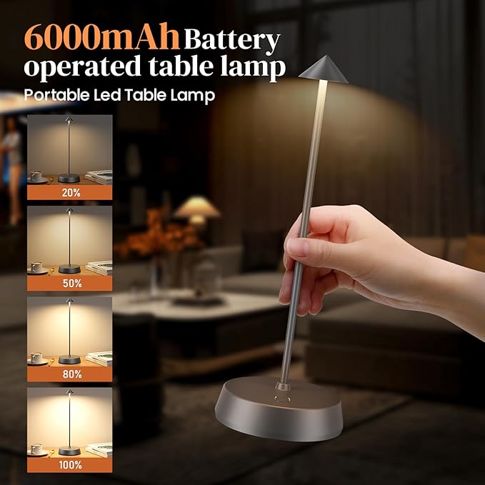 Cordless Table Lamp Rechargeable, Battery Operated 6000mAh Desk Lamp Touch Dimmable Lamp Outdoor Waterproof Portable Wireless Table Light, Small Table Lamp for Restaurant Bar/Outdoor (Gray-2PC)