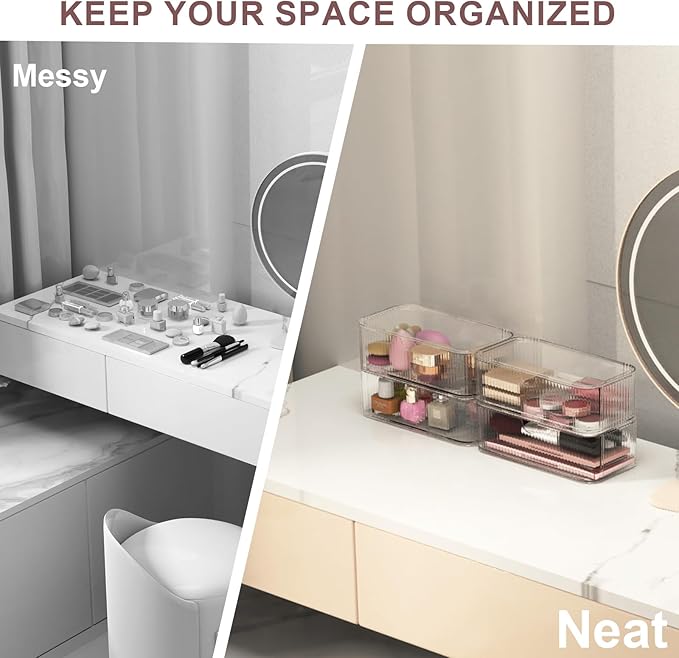 4 Pack Stackable Storage Drawers, Clear Acrylic Makeup Organizer for Vanity, Plastic Storage Bins, Multi-Purpose Cosmetic Display Organizers for Jewelry, Bathroom, Office, Pantry, Home Organization