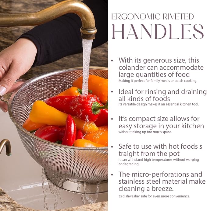 Bellemain Colander for Kitchen – 5 Qt Stainless Steel Strainer with Handle - 18/8 Pasta Strainer Bowl for Pasta, Spaghetti, Vegetables, Fruit, and Pot Draining - Stainless Steel Colander