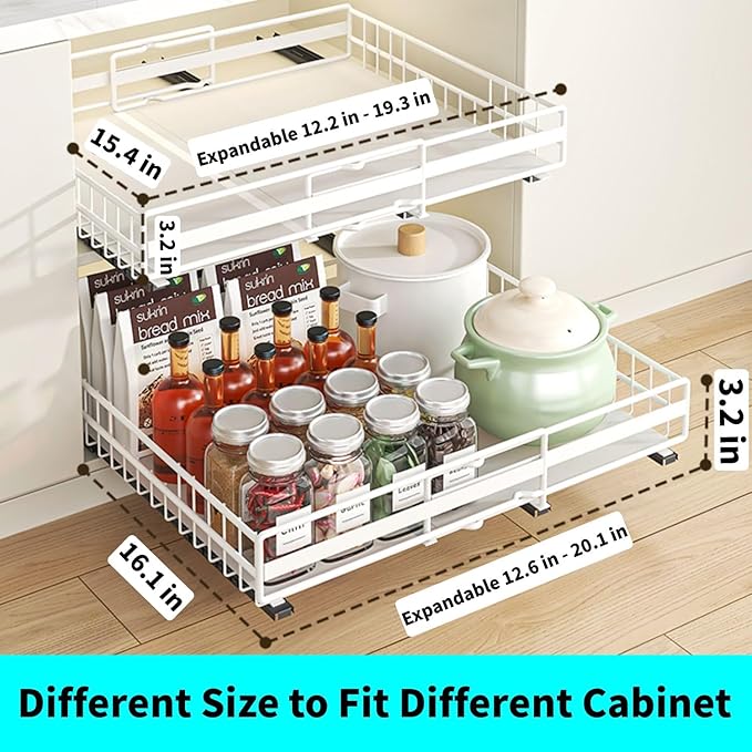 DREMAK Pull Out Cabinet Organizer, 2 Pack Expandable Pull out Drawers for Cabinets, Upgrade 3 Slide Rails Adhesive with Film No Drill, Adjustable Width 12.2"-20.1"