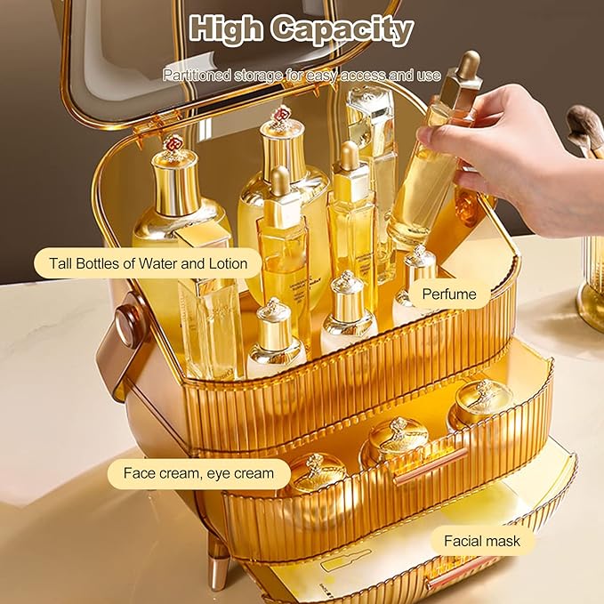 Ergocar Portable Retro Series Multi-Function Make Up Case Dustproof Cosmetic Storage Box,Cosmetics Skin Care Products Jewelry Organizer Case Finishing Box Bathroom Desktop -Amber (X-1)