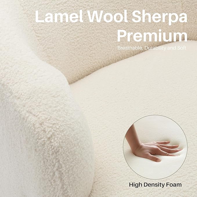 Swivel Accent Chair, Sherpa Teddy Barrel Chair for Living Room, Cozy Round Boucle Arm Chair, Metal Base for Club Nursery Bedroom, Beige Cream White