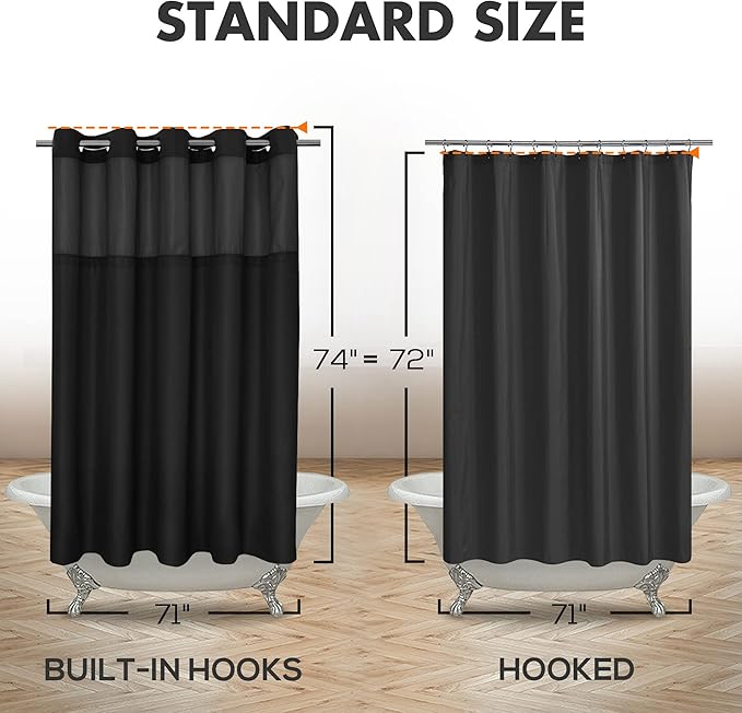 No Hook Slub Textured Shower Curtain with Snap-in PEVA Liner Set - 71" x 74"(72"), Hotel Style with See Through Top Window, Machine Washable & Water Repellent Fabric, Black, 71x74