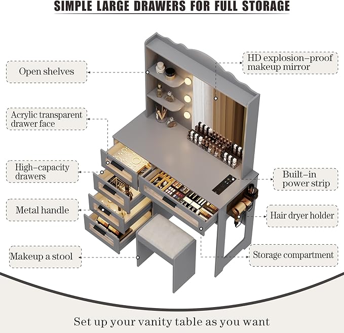 HWB Makeup Vanity Desk with Mirror and Lights,Vanity Table with 5 Drawers&2 Shelves,Vanity Set for Bedroom,Dressing Table with 10 Light Bulbs and USB Port&Human Sensor Design,Grey