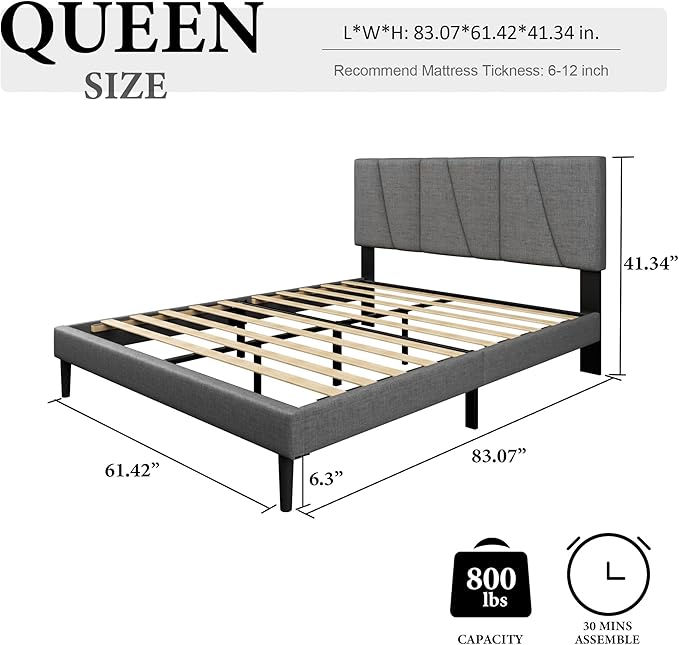 Queen Size Bed Frame with Fabric Upholstered Headboard, Platform Bed with Wooden Slats Support, Fully Mattress Foundation, Box Spring Optional, Easy Assembly