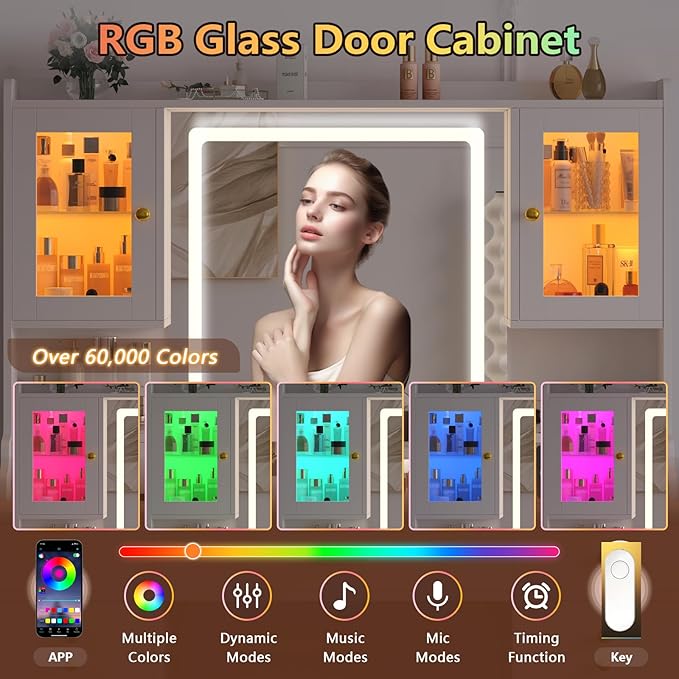 Vanity Desk with Mirror and Lights, White Makeup Vanity Table with Charging Station，Large Vanity Desk with 6 Drawers & 2 RGB Cabinet, Dressing Table Set with Lighted Mirror Adjustable, for Bedroom