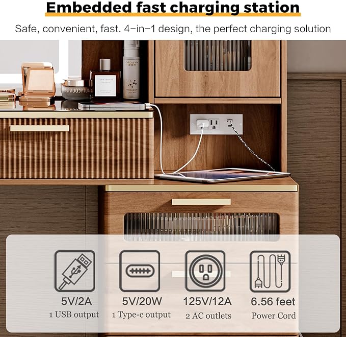 Vanity Desk with 29.53" HD Lighted Mirror, 47.24" Big Modern Vanity Desk with Mirror and Lights, Makeup Vanity with 5 Drawers and Storage Shelves and Charging Station, Brown