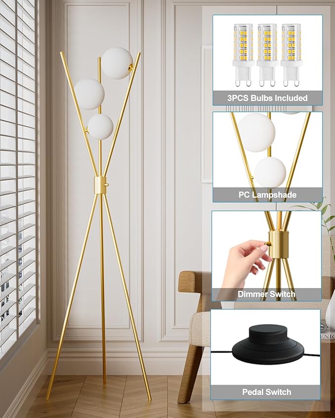 Lightdot Tripod Floor Lamp Stepless Dimmable Globe Modern Floor Lamp Gold Standing Lamps with 3PCS 3000K G9 Bulbs Stable Base Mid Century Floor Lamps for Living Room