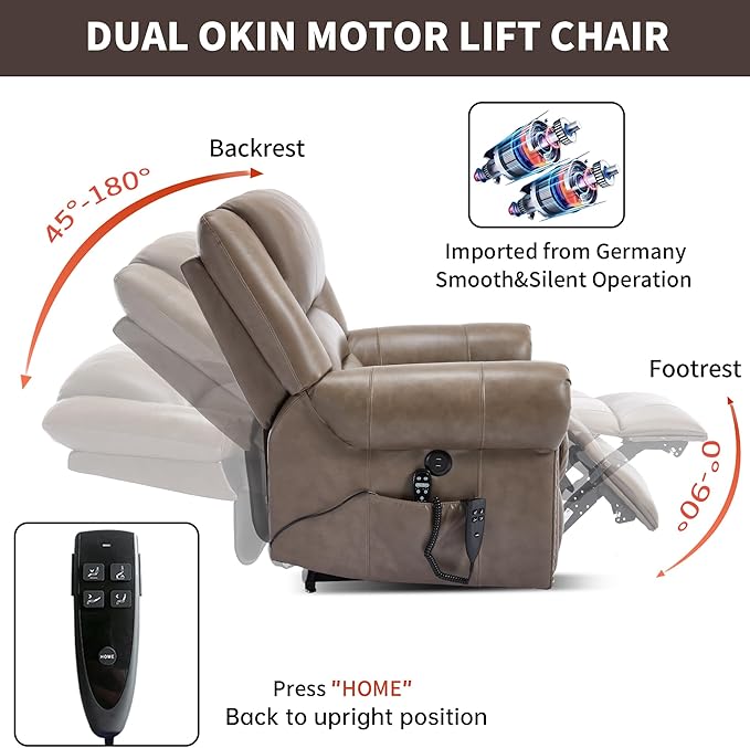 Power Lift Recliner Chair for Elderly, Dual Motor Massage Recliner with Lumbar Heat, Heavy Duty Motion Mechanism Lift Chair with Charge Ports, Genuine Leather - Brown