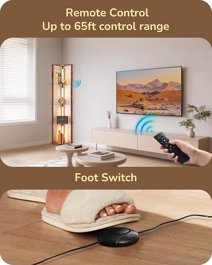 EDISHINE Corner Shelf with Light, 5-Tier Glass Display Shelf with Remote/Foot Control, 3CCT & Dimmable Corner Lamp, Open Display Cabinet, Standing Lamp for Living Room, Bedroom, Flamewood Color