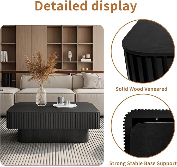 Lift Top Coffee Table for Living Room, Accent Fluted Coffee Table with Storage, Modern Solid Wood Veneered Rectangle Center Tea Table for Small Space Apartment (38.6''L×14''H-Black)