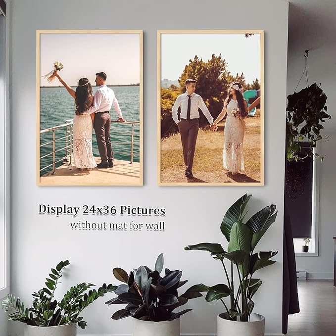 Egofine 24x36 Solid Wood Picture Frame, Made of Solid Wood Covered by Plexiglass 18x24 with Mat 24x36 without Mat, Poster Frame for Wall Mounting Photo Frame Vertically or Horizontally, Natural Wood