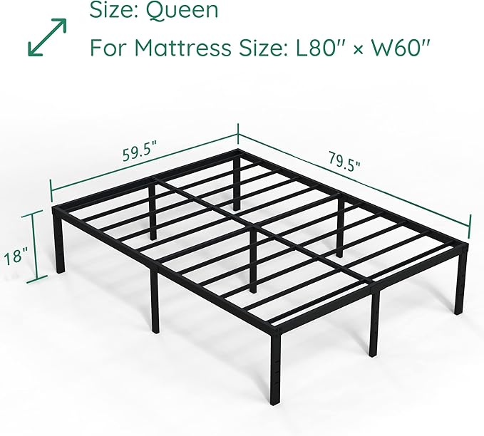 18 Inch Queen Bed Frame Heavy Duty Metal Platform No Box Spring Needed, Maximum Storage, Easy Assembly, Noise Free, Black