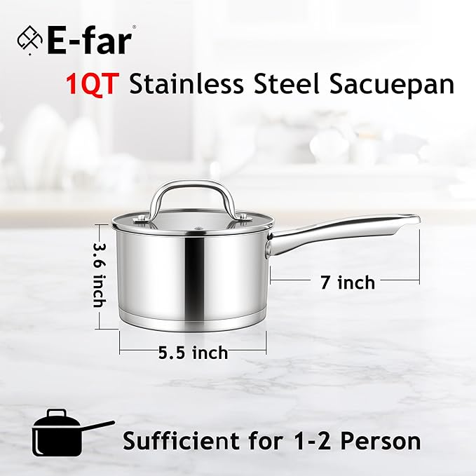 E-far 1 Quart Saucepan with Lid, Stainless Steel Small Sauce Pan Boiling Pot for Cooking, Compatible with All Stoves, Healthy & Non Toxic, Oven & Dishwasher Safe