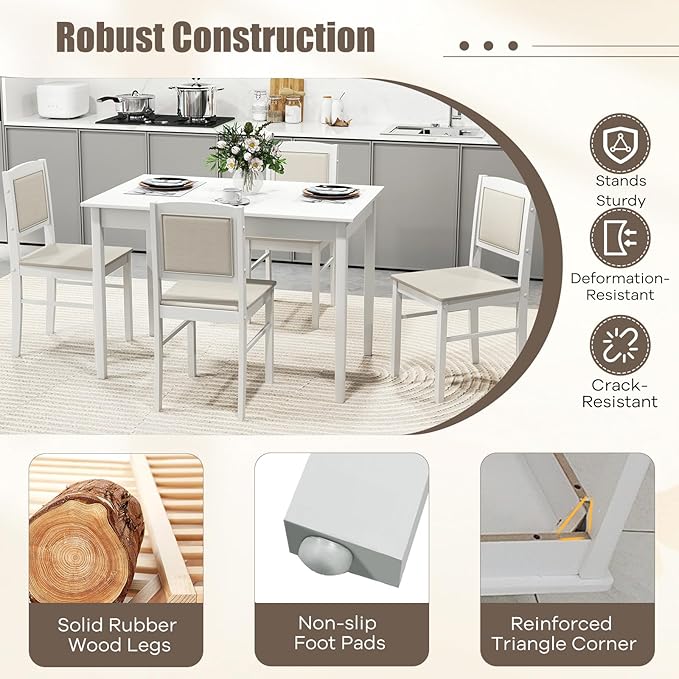 NAFORT 5-Piece Dining Table Set for 4, Mid-Century Modern Solid Wood Kitchen Room Table with 4 Upholstered Dining Chairs, Space-Saving Dinette Tables w/Rubber Wood Legs for Apartment, Office
