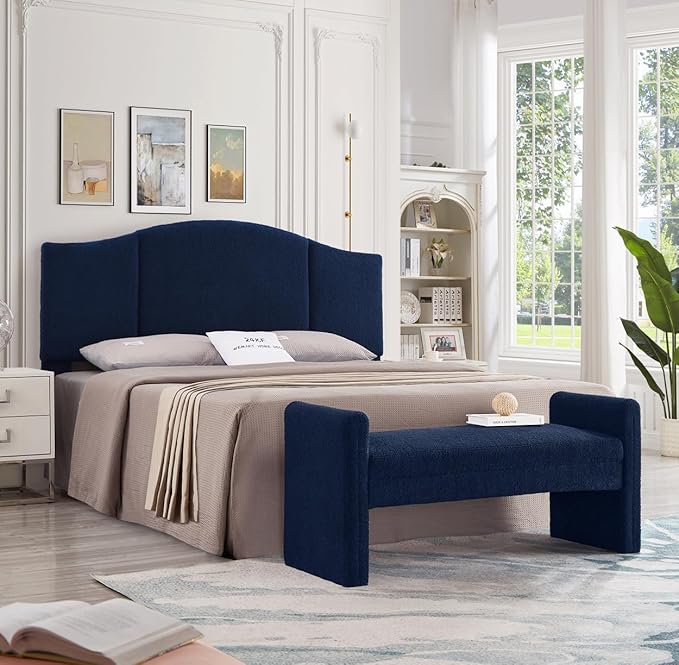 24KF Middle Century Upholstered Foldable King Headboard, Modern Boucle Teddy Fabric Headboard King/California King, 6033-K-Navy