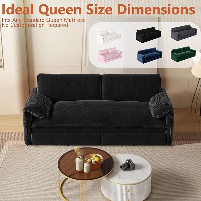 66-Inch Queen Size Convertible Sleeper Sofa Bed, 3-in-1 Pull-Out Futon Loveseat, Velvet Love Seat Couch with Side Pocket for Living Room, Office, Apartment, RV, Hide-A-Bed Fold Out Sofa&Couch