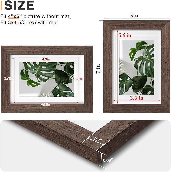 Egofine 4x6 Picture Frame Made of Solid Wood with Plexiglass, Display Pictures 3.5x5 with Mat or 4x6 Without Mat for Tabletop and Wall Mounting, Rustic Brown