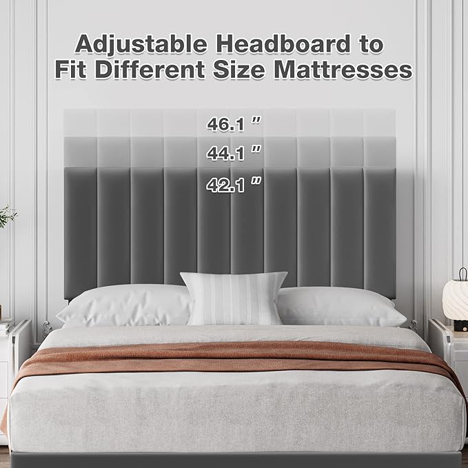 IDEALHOUSE Full Bed Frame with Velvet Headboard Adjustable, Strong Wooden Slat Support, No Box Spring Needed, Noise Free Sleep,Easy Assembly, Dark Grey