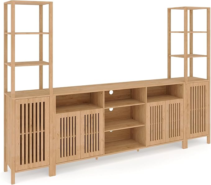 Entertainment Center with Bookshelves, Farmhouse TV Stand for 70 Inch TVs, TV Stands for Living Room w/Adjustable Shelves & Storage Cabinet, Modern Console Cabinet for Bedroom Home Theater