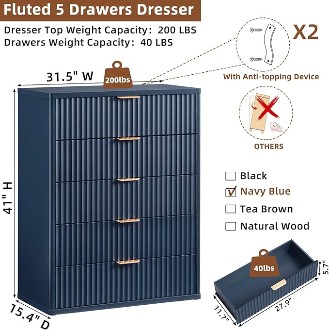 LEYAOYAO Fluted 5 Drawers Dresser for Bedroom, 41" Tall Modern Chest of Drawers with Metal Handle, Curved Profile Design,Navy Blue Wood Drawer Organizer for Bedroom, Living Room, Hallway, Entryway