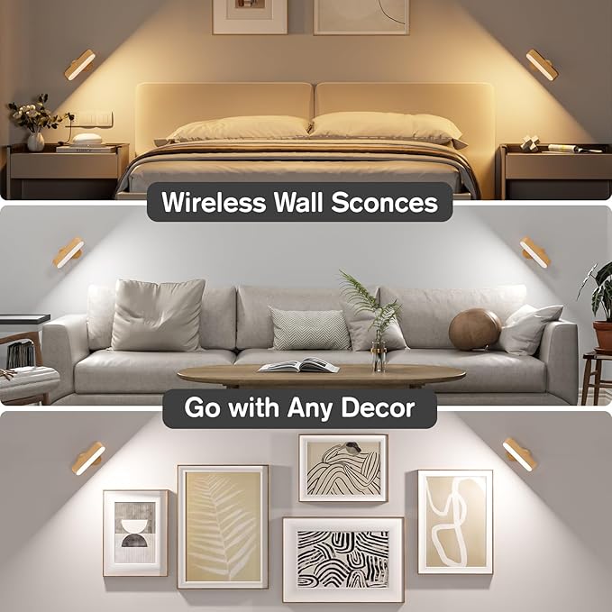 Battery Operated Wall Sconces, Wireless LED Wall Sconce Set of Two for Bedroom, Rechargeable Wall Lights for Picture, 5 Modes Dimmable Wall Lamps for Living Room, 2 Pack