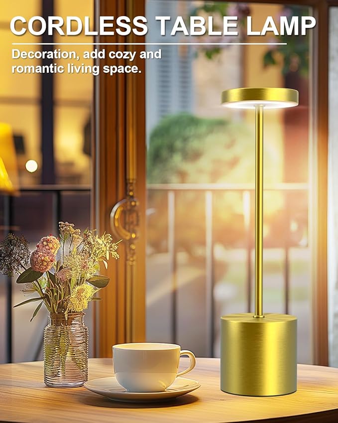 Cordless Table Lamps Rechargeable, Portable LED Desk Lamp, 5000mAh Battery Powered Wireless Table Light - 3 Color Dimmable Lighting for Restaurant Dining Patio Outdoor Bedroom(Gold)