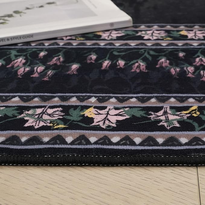 Runner Rug Impressionist-Style Vintage Kitchen Rugs Non Slip Washable Soft Carpet Runner for Kitchen Laundry Bedroom Bathroom, Black