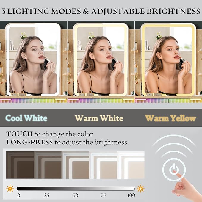 Vanity Desk with LED Lights Mirror & Power Outlet, Small Makeup Vanity Table Set with Storage Drawers & Chair, 3 Lighting Modes & Adjustable Brightness, Dressing Table for Women Girls Bedroom, Oak