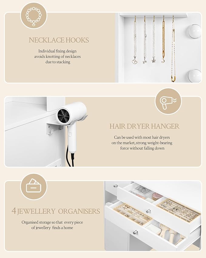 Vanity Desk with HD Mirror and Led Light, Makeup Vanity with Power Strip, Dressing Table with 4 Drawers, 42.5'' Large Tabletop, 2 Open Storage Cabinets, with Jewelry Storage, White