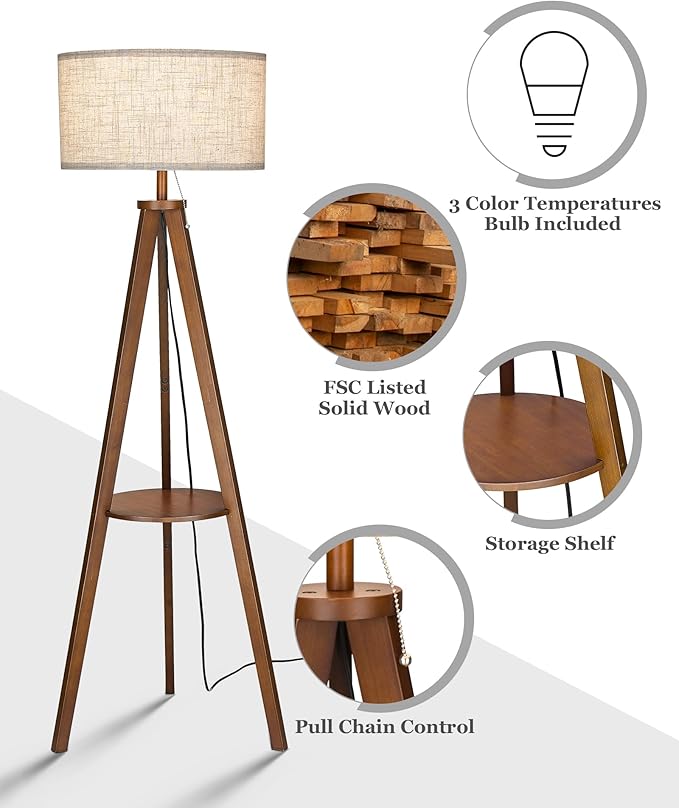 ELYONA Solid Wood Tripod Floor Lamp 3 Color Temperatures LED Blub Tall Standing Light with Table Mid Century Modern Corner Reading Floor Lamp for Living Room Bedroom Office Pull Chain Controls Brown