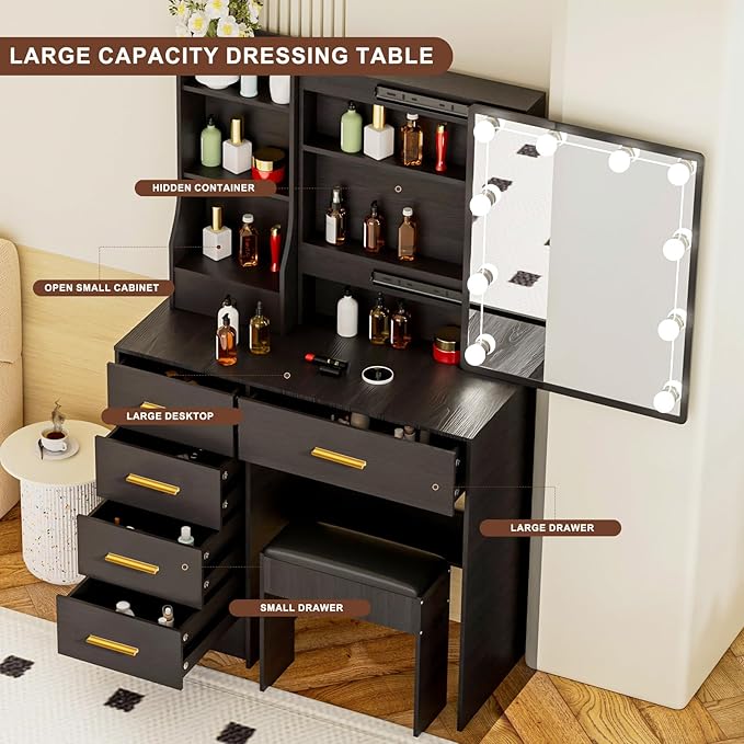 Black Vanity Set with 6 Drawers & Rose Gold Handles, Girls Vanity Desk Table Dressing Bench Stool with Sliding LED Lighted Vanity Makeup Mirror Adjustable Brights and 3 Colors for Bedroom