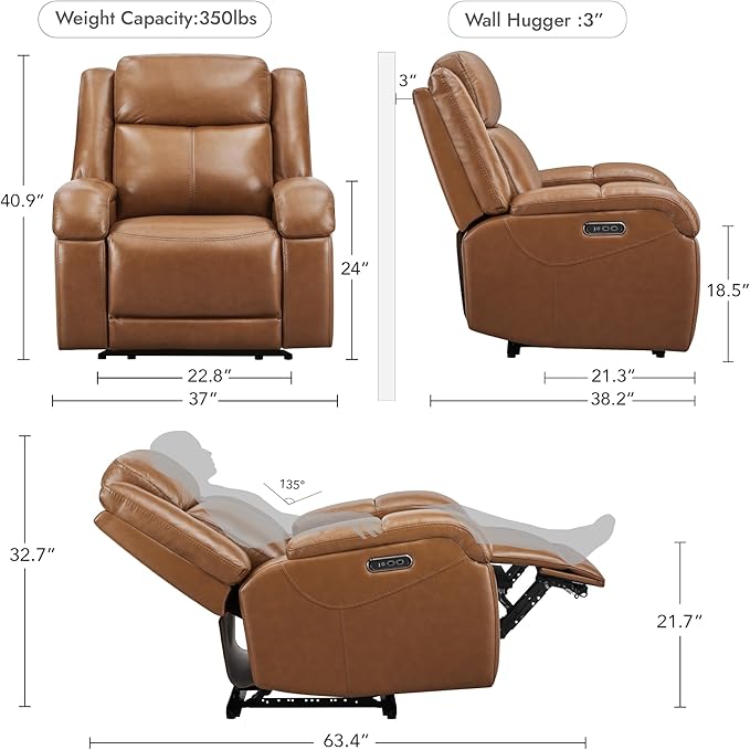 Watson & Whitely Genuine Leather Power Recliner Chairs for Adults, Wall Hugger RV Recliner with Power Headrest & Charging Ports, Electric Recliner Sofa Chair for Living Room, Saddle Brown