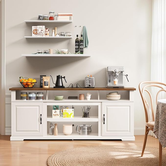 Amada Farmhouse TV Stand for TVs Up to 80 inches, Modern Entertainment Center TV Stand with Drawers Storage Cabinets, Adjustable Shelves, Rustic Media TV Console Table for Living Room, Bedroom, White