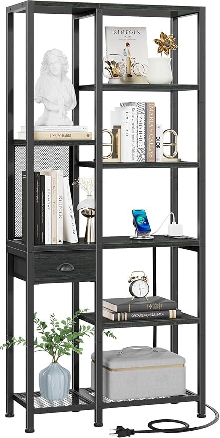 Furologee 6 Tier Bookshelf with USB Ports and Power Outlet, Book Shelf with Charging Station, Bookcase with Drawer, Storage Shelves for Bedroom, Home Office, Living Room, Bathroom, Black Oak